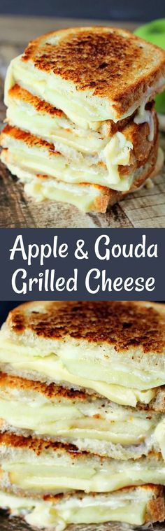 grilled cheese sandwich stacked on top of each other with the words apple and goudaa grilled cheese