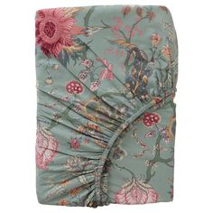 a blue and pink floral print blanket with ruffles on the bottom, in front of a white background