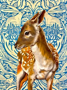 a painting of a fawn standing in front of a blue and white wallpaper