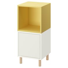 a white and yellow cabinet with wooden legs on an isolated white background for use as a shelf