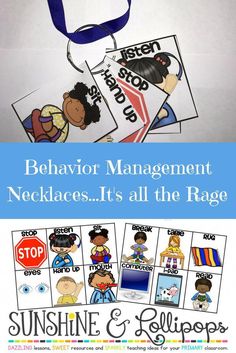 the behavior management necklace has pictures of children on it and is attached to a lanyard