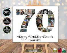 a sign that says happy birthday demnis with pictures of people on it and the number seventy