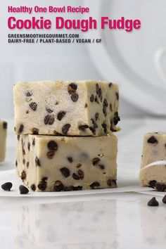 three pieces of cookie dough fudge stacked on top of each other