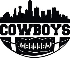 the cowboy's football logo is shown in black and white, with a city skyline behind it