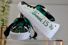 Green Quinceanera Heels, Quinceanera Heels Green, Green Quinceanera Shoes, Quinceanera Shoes Sneakers Green, Quinceanera Sneakers, Emerald Green Quince Dress With Butterflies, Birthday Sneakers, Quinceañera Shoes, Quince Shoes