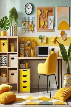 a room with yellow furniture and pictures on the wall, including a computer desk in front of a window