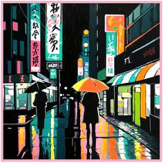 two people with umbrellas walking down the street in the rain under neon lights at night