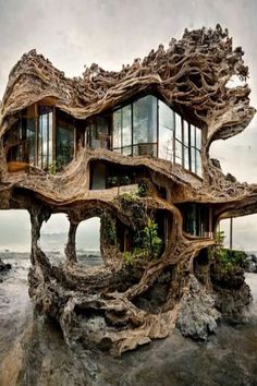 an unusual house made out of driftwood on the beach with trees growing from it