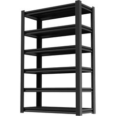 a black shelf with four shelves on each side and one empty shelf in the middle