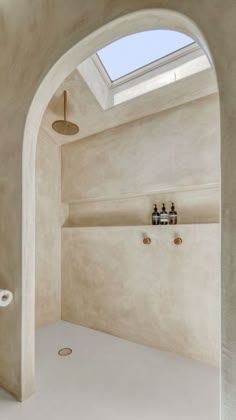 a bathroom with a skylight above the shower