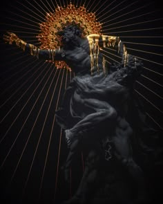 the statue is surrounded by gold and orange lights