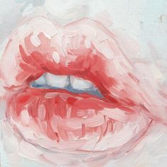 an oil painting of a woman's mouth with red lipstick on the upper lip