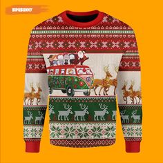 an ugly ugly sweater with reindeers, cars and santa clause on the front is shown