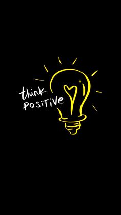 a yellow light bulb with the words think positive written in white ink on a black background