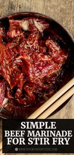 beef marinade for stir fry in a pan with chopsticks