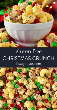 christmas crunch with green and red sprinkles in a white bowl on a table