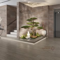 a bonsai tree sits in the center of a room with stairs and potted plants