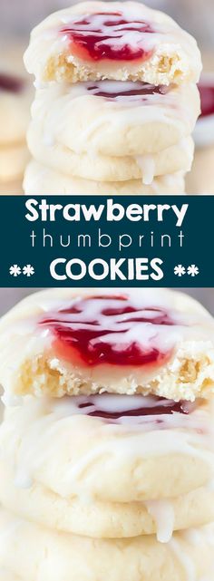 strawberry thumbprint cookies stacked on top of each other