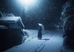 a person with an umbrella standing in the snow at night under a street light on a snowy day