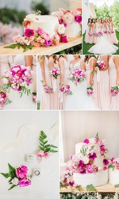 the bride and her bridal party are all dressed in pinks, green and white