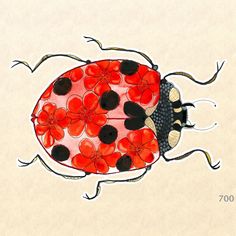 a drawing of a ladybug with red flowers on it