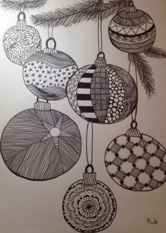 a drawing of christmas ornaments hanging from a tree