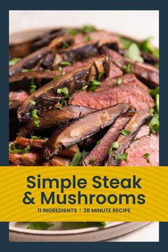 steak and mushrooms on a plate with the title simple steak & mushrooms