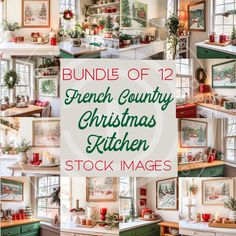 a bunch of french country christmas kitchen pictures with text overlay that reads bundle of 12 stock images