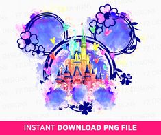 the disney castle with flowers and clouds is shown in this watercolor clipart file