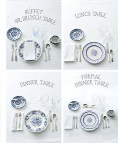 four photographs of blue and white dinnerware with the words brunch table on them