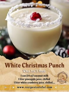 a white christmas punch is served in glasses