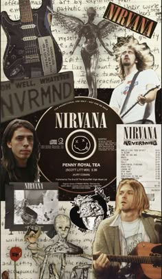 an image of nirvana collage with guitar and other music related items in the background