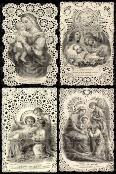 four pictures of the virgin mary, jesus and baby jesus on lace doidlings