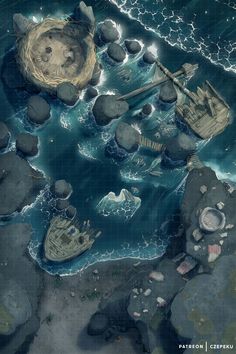 an aerial view of the ocean with ships and rocks in it, as if from above