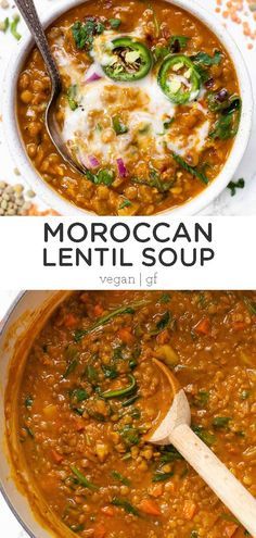 moroccan lentil soup in a white bowl with a wooden spoon on the side and an overhead view of it