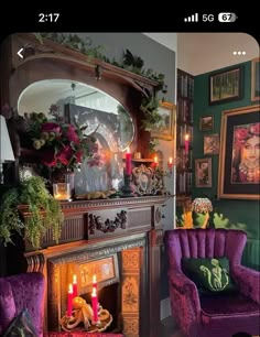 a living room filled with furniture and a fire place next to a wall mounted mirror