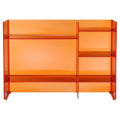 an orange shelving unit with three shelves