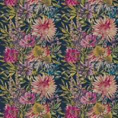 an image of a flower pattern on a dark blue background with pink, yellow and green flowers