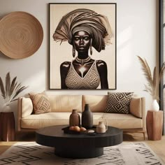 a living room with a couch, coffee table and art on the wall above it