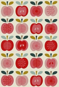 an illustration of apples with leaves and flowers on them in red, green, yellow and pink