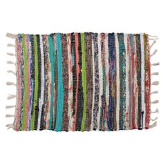 multicolored striped rug with tassels on the bottom and fringed ends