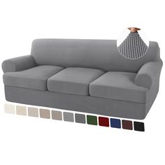 a gray couch with four different colors on it