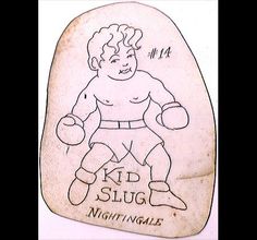 a drawing of a kid with boxing gloves on it's face and holding a ball in his hand