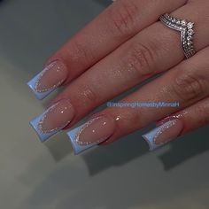 All Acrylic Nails, Blue Tip Nail Designs, Babyshower Nails For Boys, Blue French Tip Nails With Glitter, Frenchie Nail Ideas, Cute Blue Acrylic Nail Ideas, Blue Nails For Baby Boy Shower Ideas, Blue Frenchies Nails, Blue Nail Inspired