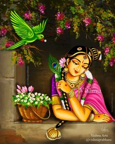 a painting of a woman sitting on the ground with flowers and a bird flying over her