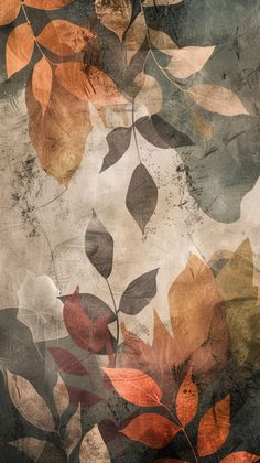 an abstract painting of leaves on a gray and orange background with grunge effect