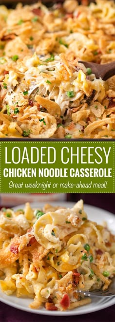 loaded cheesy chicken noodle casserole on a plate