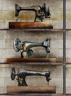 an old sewing machine is sitting on some shelves