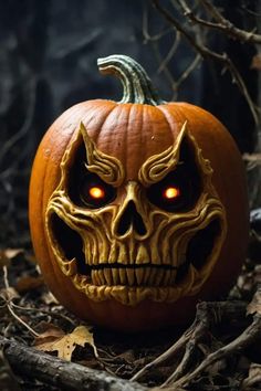 a carved pumpkin with an evil face on it's head and glowing orange eyes