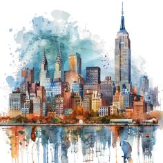 a watercolor painting of a city skyline